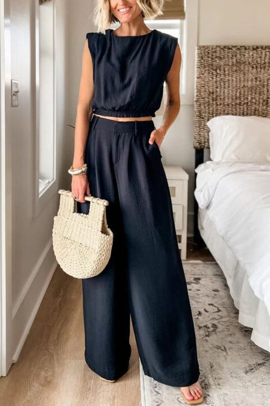 Conjunto de top corto de mezcla de lino y pantalón con bolsillos y cintura elástica de Chic Wear Tooptions