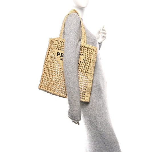 Yarn Raffia Effect Crochet Logo Embroidered Tote Bag Naturale