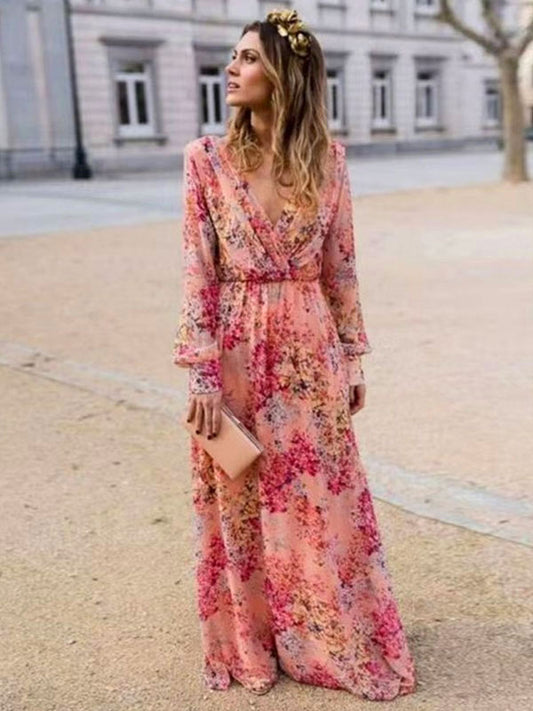 Maxi Dresses Long Sleeves Pink Printed V-Neck Long Dress