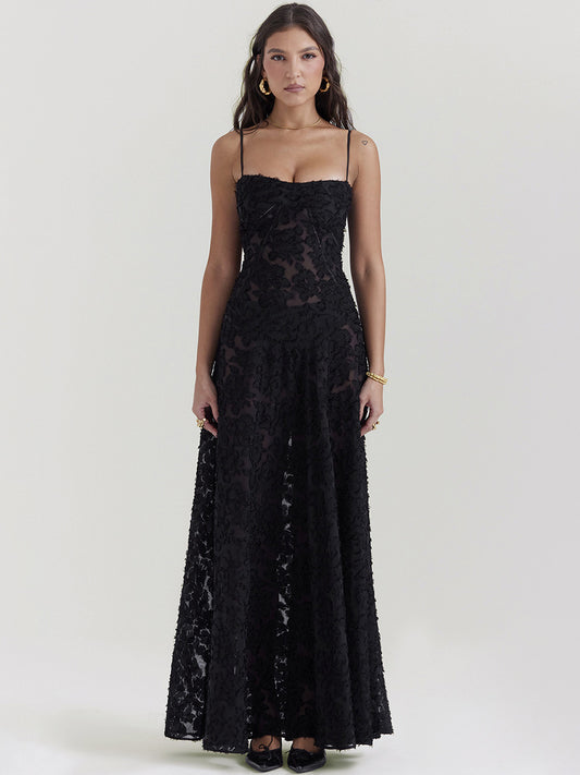 Trumpet Dress Spaghetti Straps Lace-up Floral Embroidery Prom Maxi Dresses