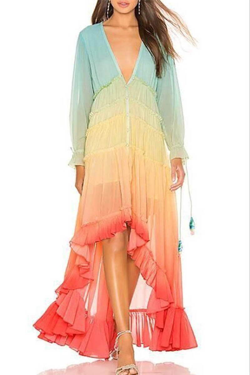 Vestido degradado de manga larga con cuello en V