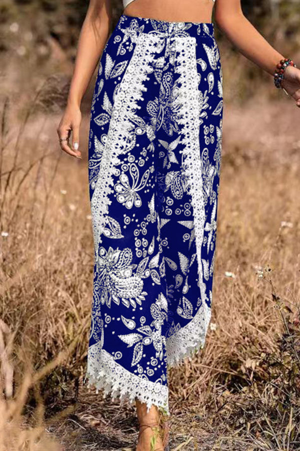 Pantalones casuales de encaje con estampado holgado a la moda