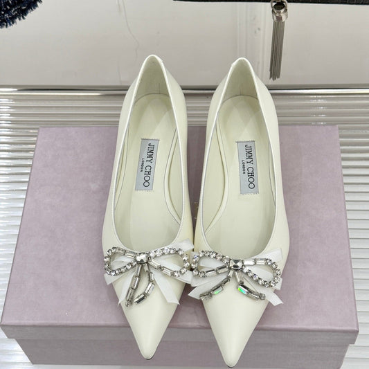 Jimmy Choo 26WF Pointed Toe Rhinestone Bow Chunky Heel White Sheepskin 573542