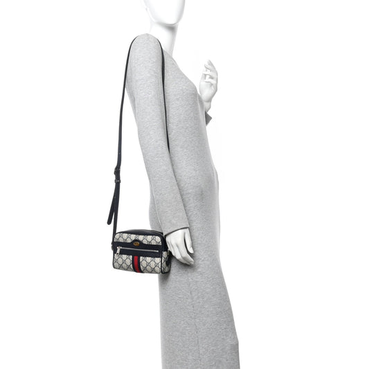 GG Supreme Monogram Textured Dollar Calfskin Web Mini Ophidia Shoulder Bag Beige Blue