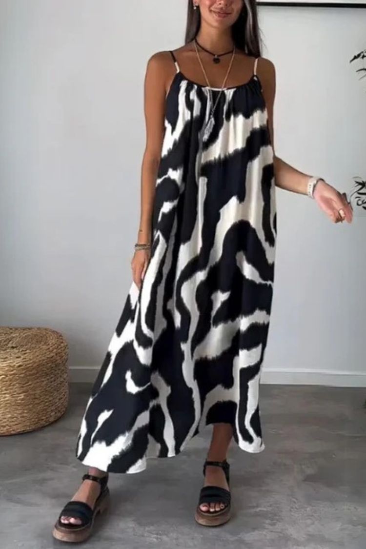 Falda larga informal holgada con tirantes y estampado de cebra