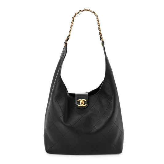 Shiny Lambskin Quilted Medium Hobo Black
