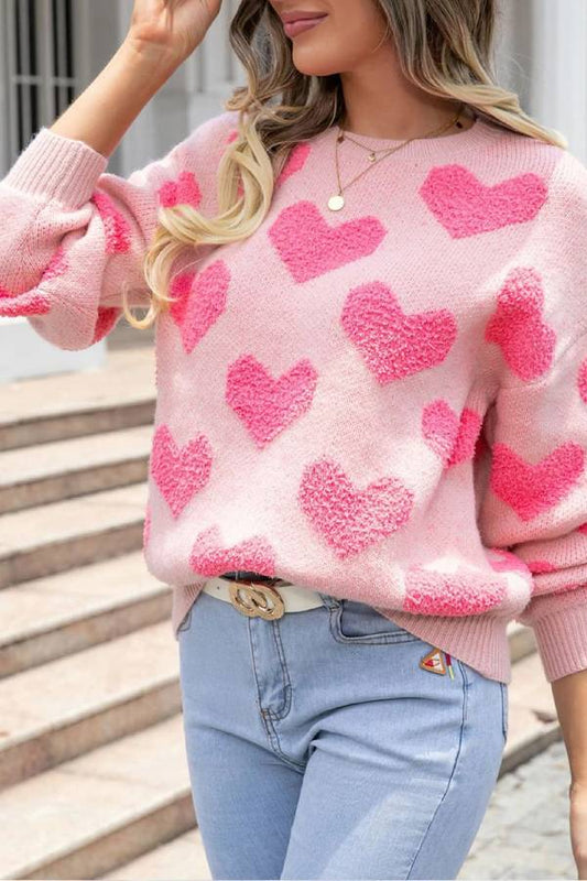 Suéter de punto jacquard con corazón de San Valentín en rosa claro