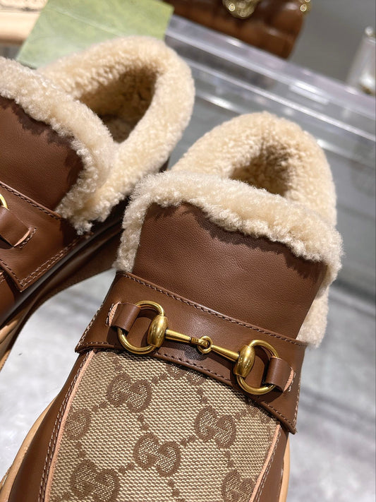 GG Snow Boots Brown Calfskin Denim Wool 576249