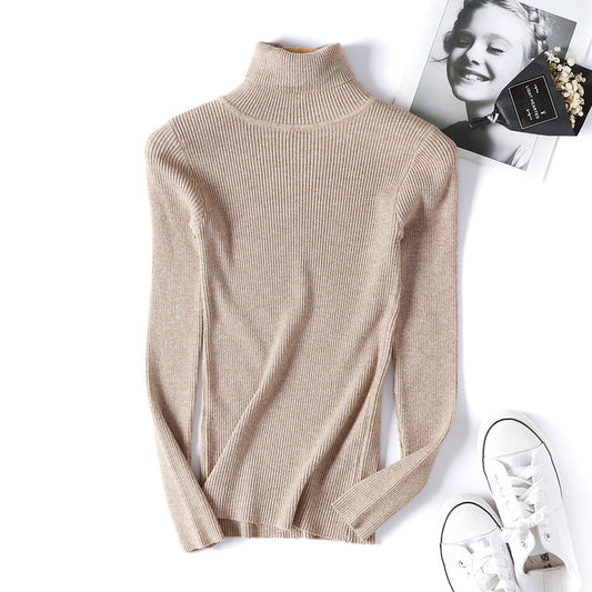 Suéter de cuello alto para mujer, camisa de manga larga ajustada, adelgazante, de color sólido, de punto fresco coreano para mujer
