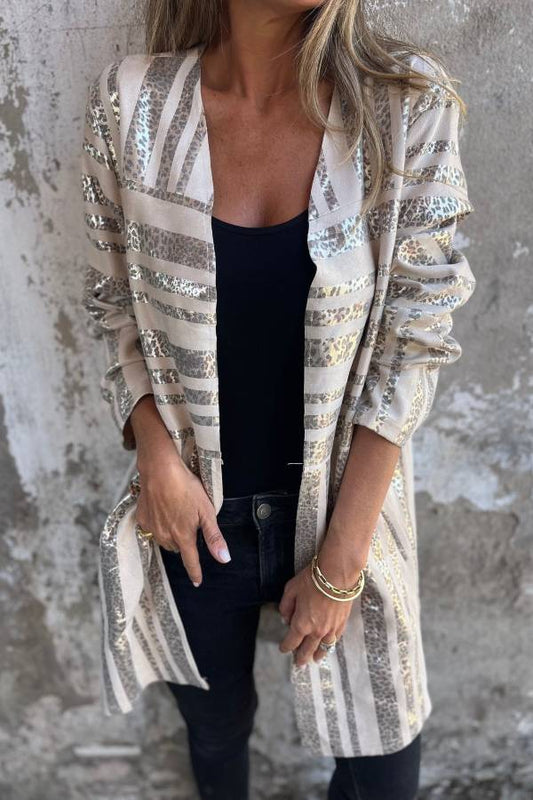Abrigo midi holgado de manga larga con bolsillo y estampado de leopardo dorado de moda