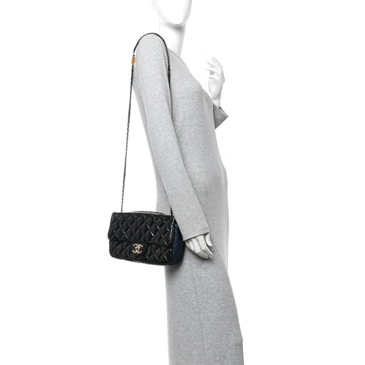 Patent Goatskin Quilted Medium CC Eyelet Flap Blue