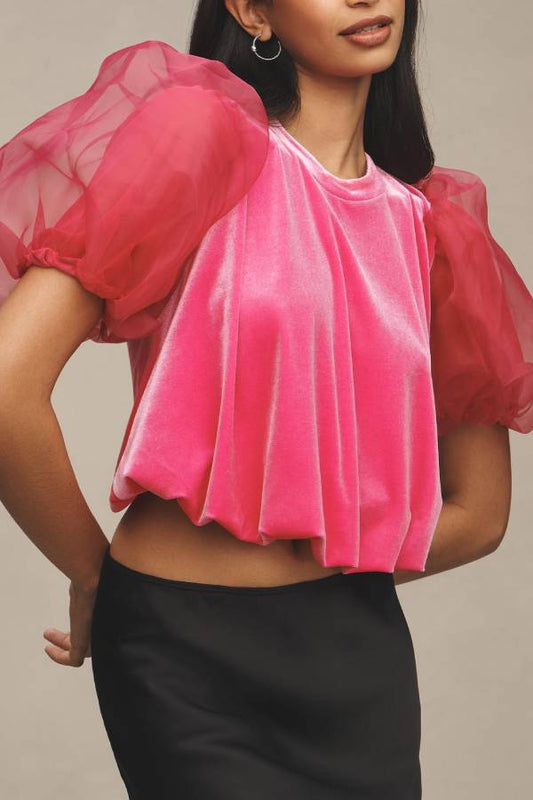 Blusa holgada de tul y terciopelo con mangas abullonadas Blissful Smile