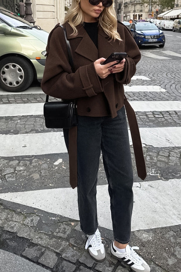 Chaqueta de lana de doble hilera con solapa y temperamento para mujer