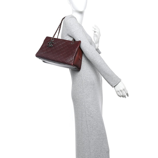 Calfskin Diamond Embossed Large CC Zip Shopping Tote Burgundy