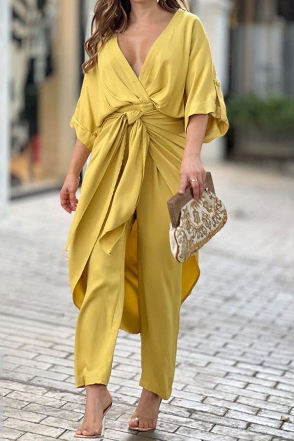 Traje casual elegante de moda con escote en V, cintura alta y color sólido