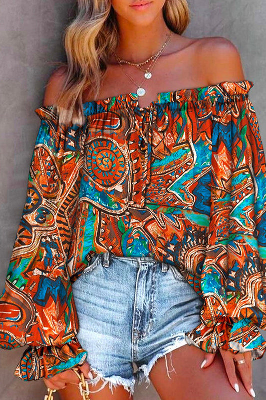 Off Shoulder Long Sleeve Printed Pullover Top