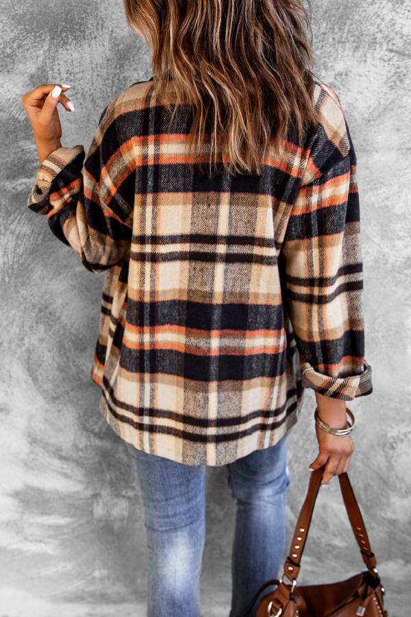 Chaqueta de franela de manga larga con botones y cuadros marrones