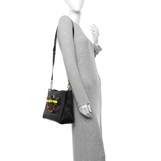 Calfskin Small Diana Tote Bag Black Yellow Fluo