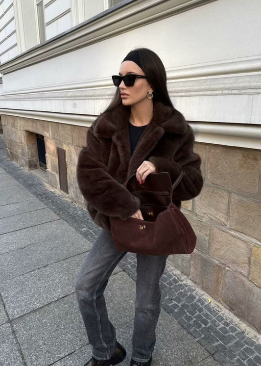 Plush Faux Fur Short Coat – Dark Brown