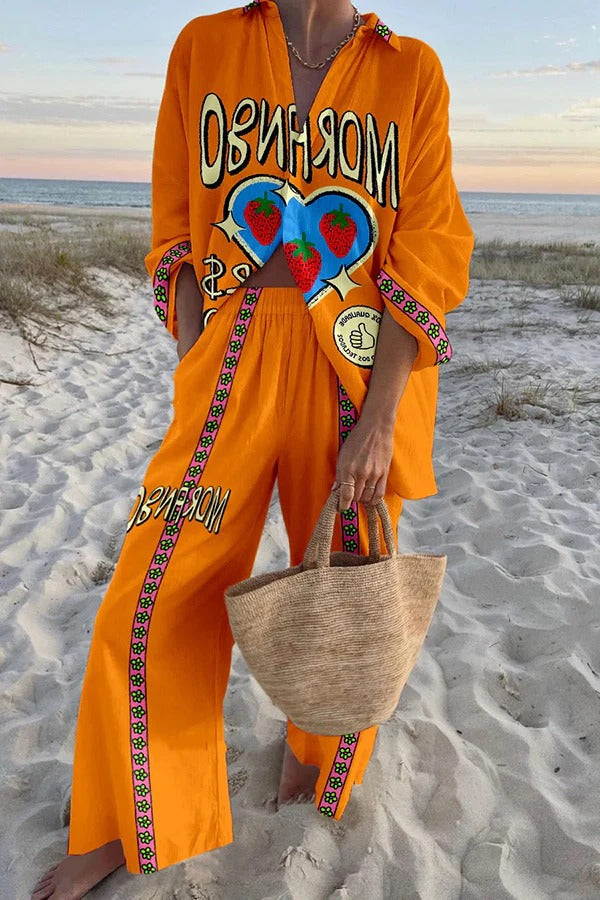 Conjunto de camisa extragrande con estampado de fresas y pantalones con bolsillo en la cintura elástica