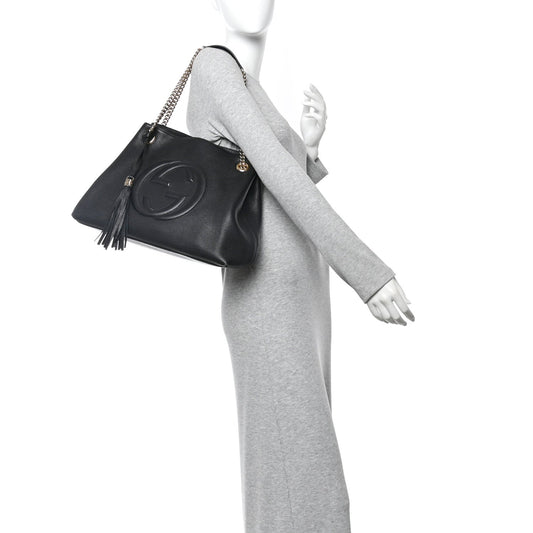 Pebbled Calfskin Medium Soho Chain Shoulder Bag Black