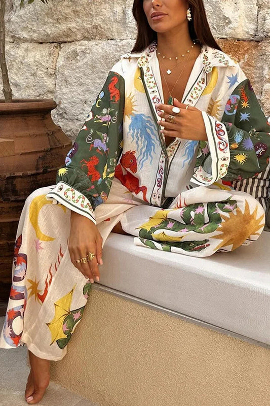 Conjunto de camisa holgada de manga larga y pantalones con cintura elástica con estampado único de belleza bohemia