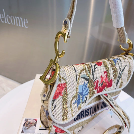CHRISTIAN DIOR SADDLE BAG EMBROIDERED CANVAS HANDBAG IVORY