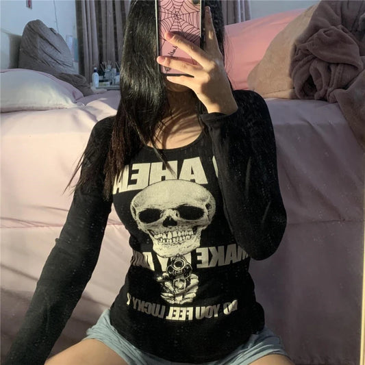 Camiseta con estampado callejero gótico Y2K, camiseta sin mangas de hip hop estética rock vintage para mujer, camiseta de anime Harajuku