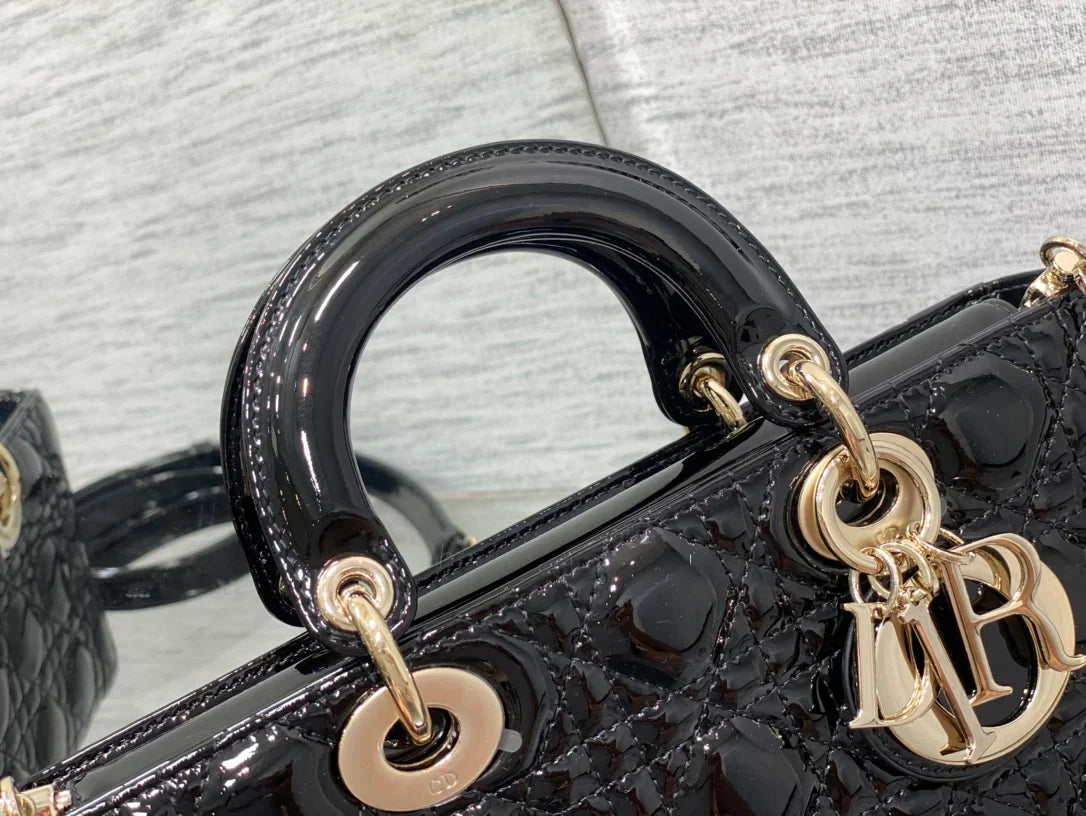 Dior Lady D-Joy Medium Patent Black Leather Bag - 26x6x14cm