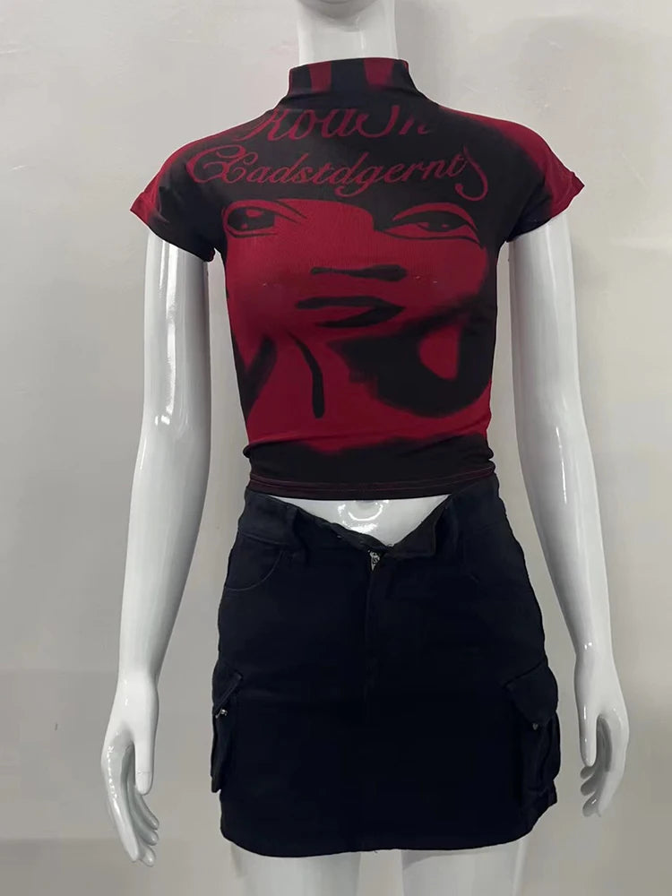 Camiseta estética de manga corta, ropa de verano Y2k, tops cortos góticos para chica, estampado vintage, camiseta informal para bebé, ropa de calle