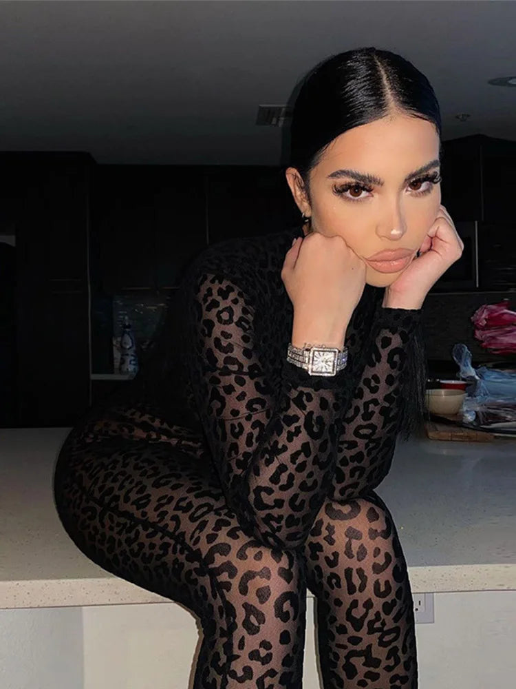 Bodystocking de malla Animal Instinct con estampado de leopardo y terciopelo transparente, mono de manga larga para mujer, ropa de club sexy de medianoche