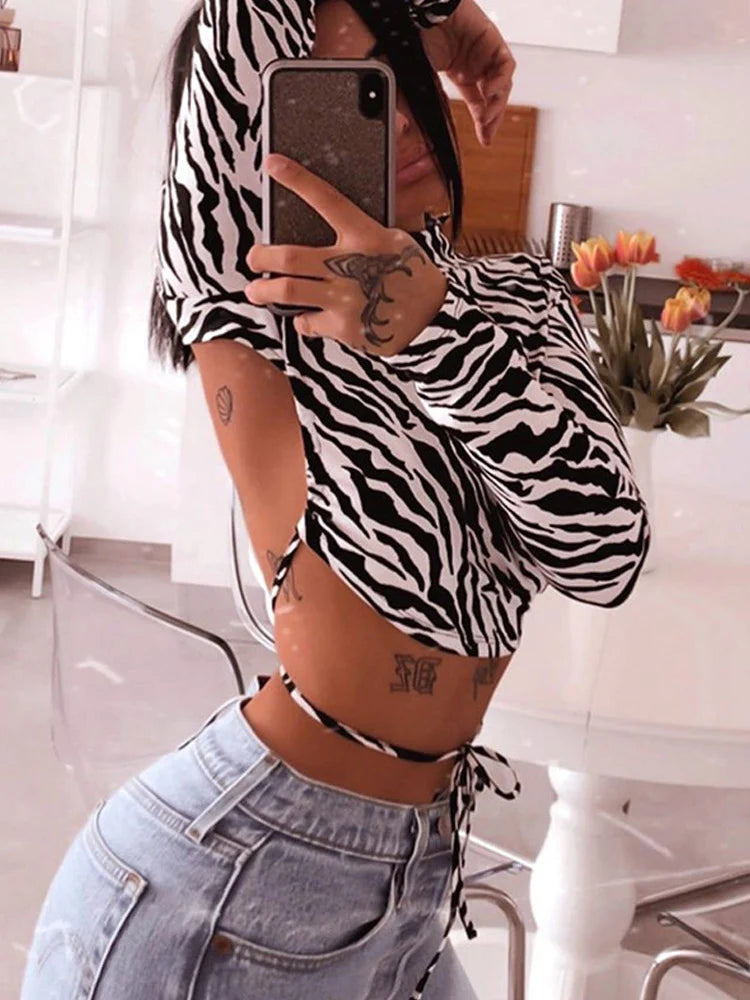 Camiseta corta con estampado de cebra y espalda descubierta para mujer, camiseta sexy de manga larga, tops cortos de moda para mujer, camisetas de calle
