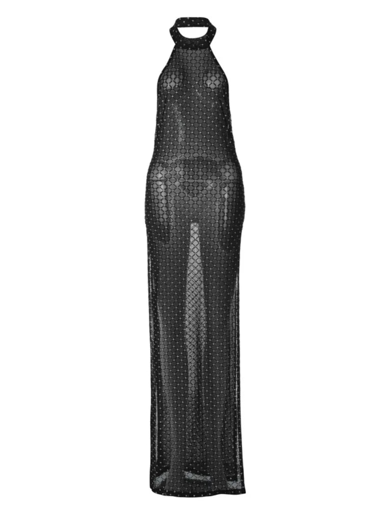 Artica Sexy Backless Slit Perspective Dress For Women Hanging Neck Bodycon Elegant Evening Dress Female Slim Party NightClubwear