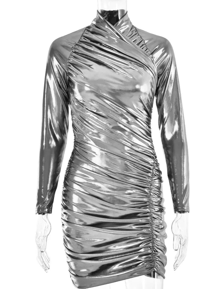 Autumn Leather Long Sleeve Pleated Dress For Women Zipper Tight Irregular Female Dress Party Club Sheath Vestidos