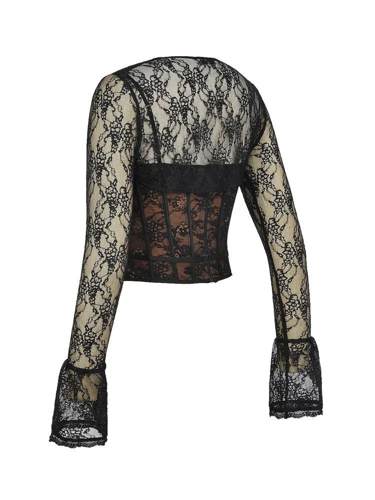 Elegante conjunto de top de encaje con estampado de patchwork y manga larga calada para mujer, perspectiva sexy, tirantes ajustados de espiga, 2025