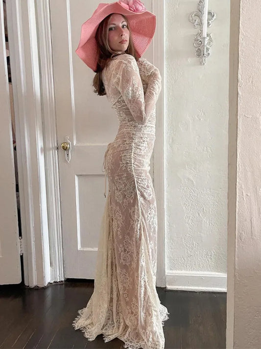 Elegant Long Sleeve Lace Printed Patchwork Women’s Party Evening Dress Sexy Autumn Winter New Bodycon Strap Vestidos