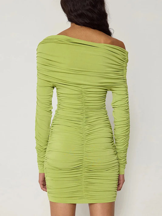 Elegant Long Sleeved Pleated Elastic Tight Dress Women 2025 New Autumn/Winter Short Skirt Sexy Slim Party Club Vestido
