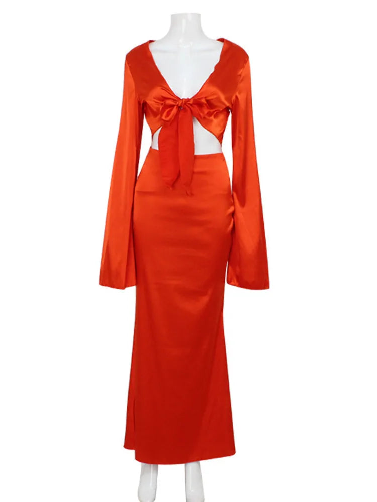 Elegante conjunto de falda larga de satén con mangas largas para mujer, con cordones, escote en V sexy, cintura baja, color liso, para fiesta y club.