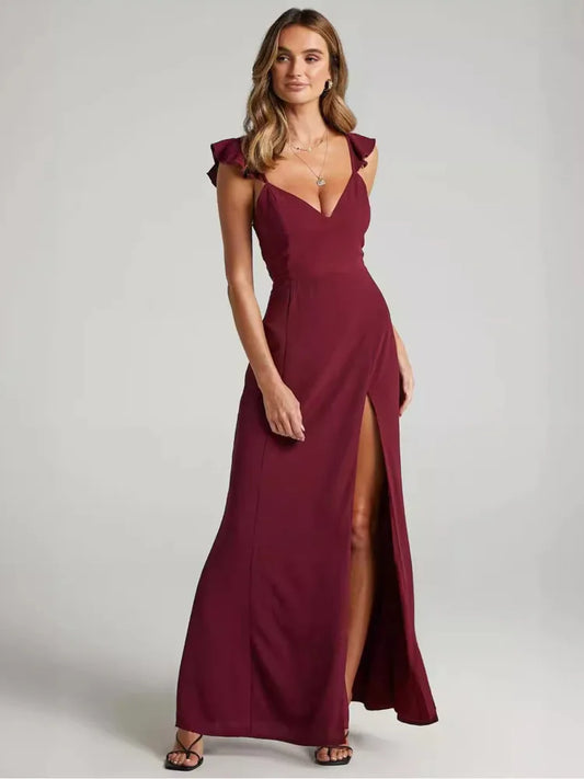 Elegant Sleeveless High Slit Bodycon Party Club Evening Dress Women Pleated High Waisted Vestido Sexy Slim Long Dress