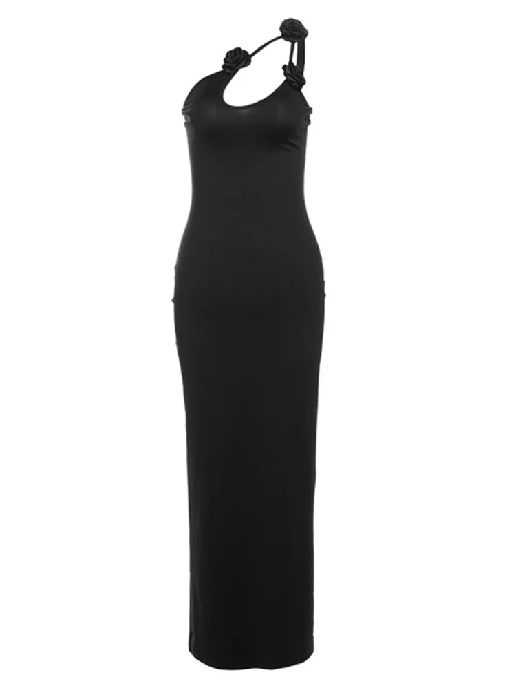 Elegante vestido de noche ajustado irregular sin mangas para mujer, vestido de otoño con adorno de flores y hombros descubiertos, vestido largo sexy