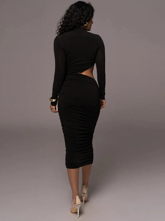 Elegant Women Long Sleeved Sexy Hollow Out Party Evening Dress Pleated Tight Elegant Formal Vestidos Autumn/winter 2025