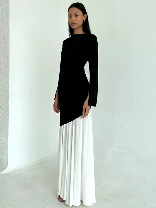 Vestido ajustado de manga larga con retazos para mujer, cuello redondo, ajustado, elástico, otoño e invierno, novedad de 2025, maxivestido plisado
