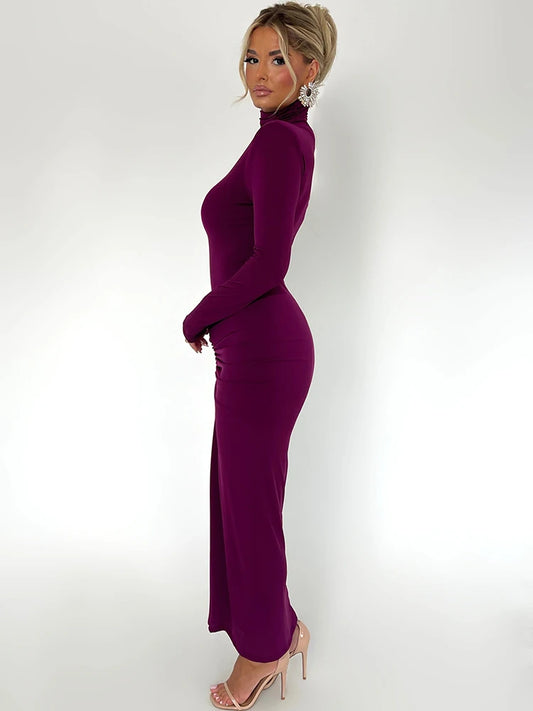 High Neck Long Sleeve Elastic Tight Dress For Women Folds Bodycon Wrap Hip Midi Dress Female Party Club Evening Dress