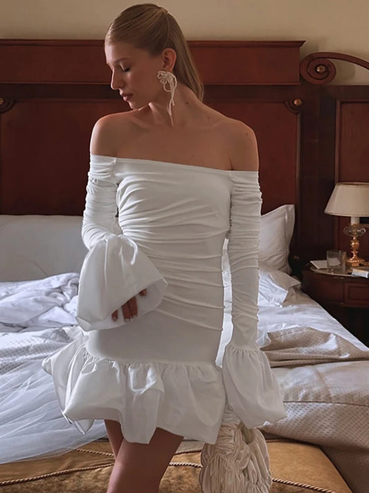 Patchwork Sexy Off Shoulder Women Dress White Long Sleeve High Waist Dress Female Autumn New Elegant Party Clubwear