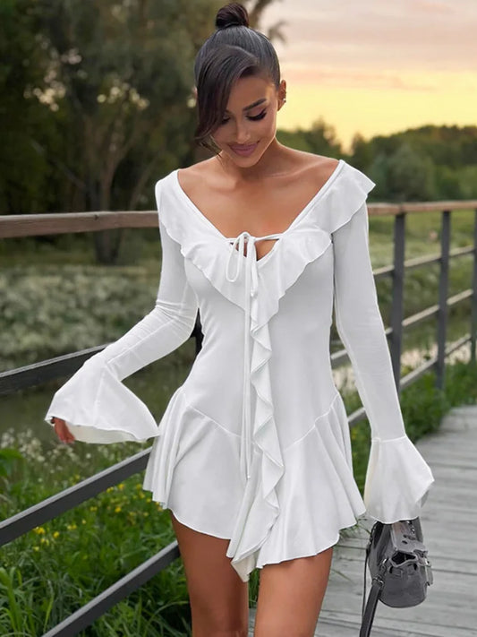 Sexy Deep V Ruffled Bodycon Short Skirt For Women Fall Ruffled Flared Sleeves Party Evening Dress Street Clothing