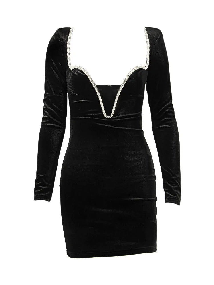 Vestido corto sexy de terciopelo con escote en V profundo, espalda descubierta, manga larga y cintura alta para mujer, ropa de fiesta y club.