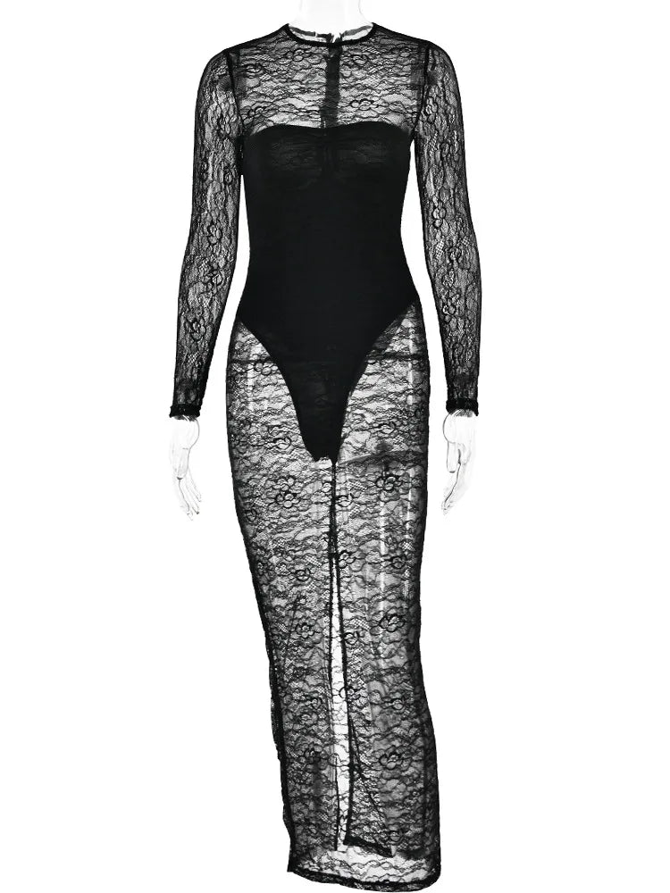 Vestido ajustado sexy de encaje de manga larga para mujer, vestido ajustado con abertura y perspectiva, elegante para fiesta, club y noche.