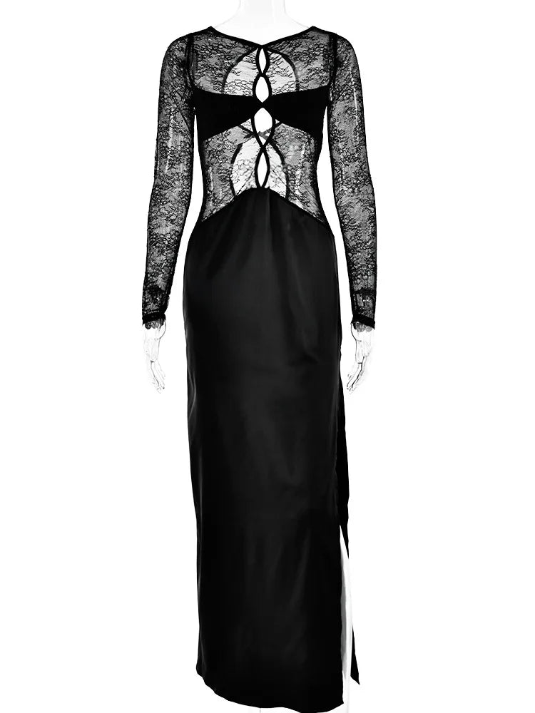 Sexy Lace Patchwork Hollow Out Women Dress Long Sleeve High Split Sheer Female Dress Elegant Party Club Evening Dress