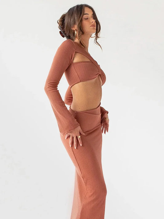 Sexy V-neck Hollow Out Maxi Dress Women Brown Long Sleeve Elegant Dress Female Summer Skinny Fashion Party Clubwear