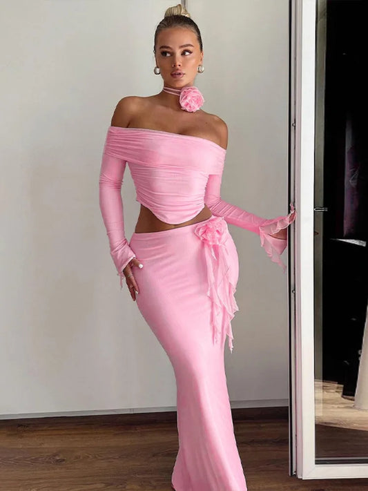 Winter New Sexy Long Sleeved Half Skirt Set For Woman 3D Flower Slim Tight Long Skirt Party Evening Dress Two Piece Set